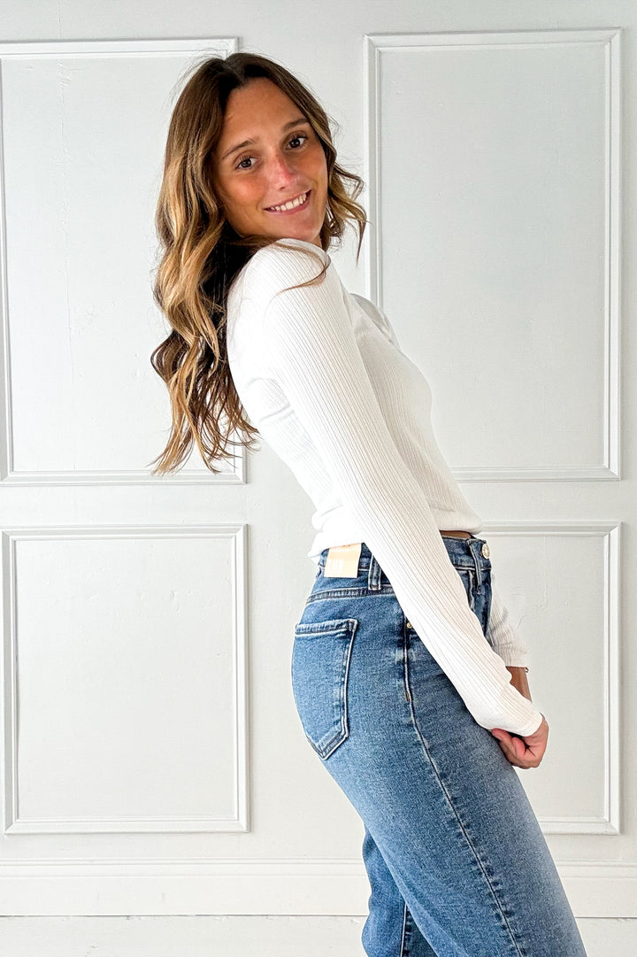 Lace Trimmed Ribbed Boat Neck Long Sleeve Top
