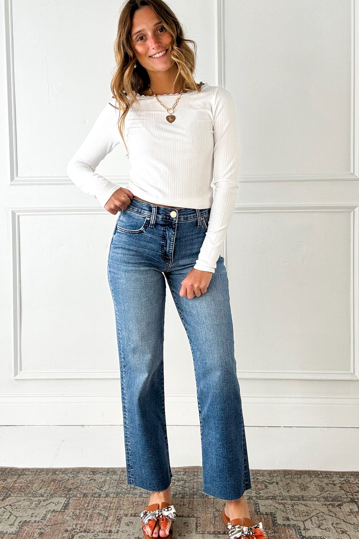 Lace Trimmed Ribbed Boat Neck Long Sleeve Top
