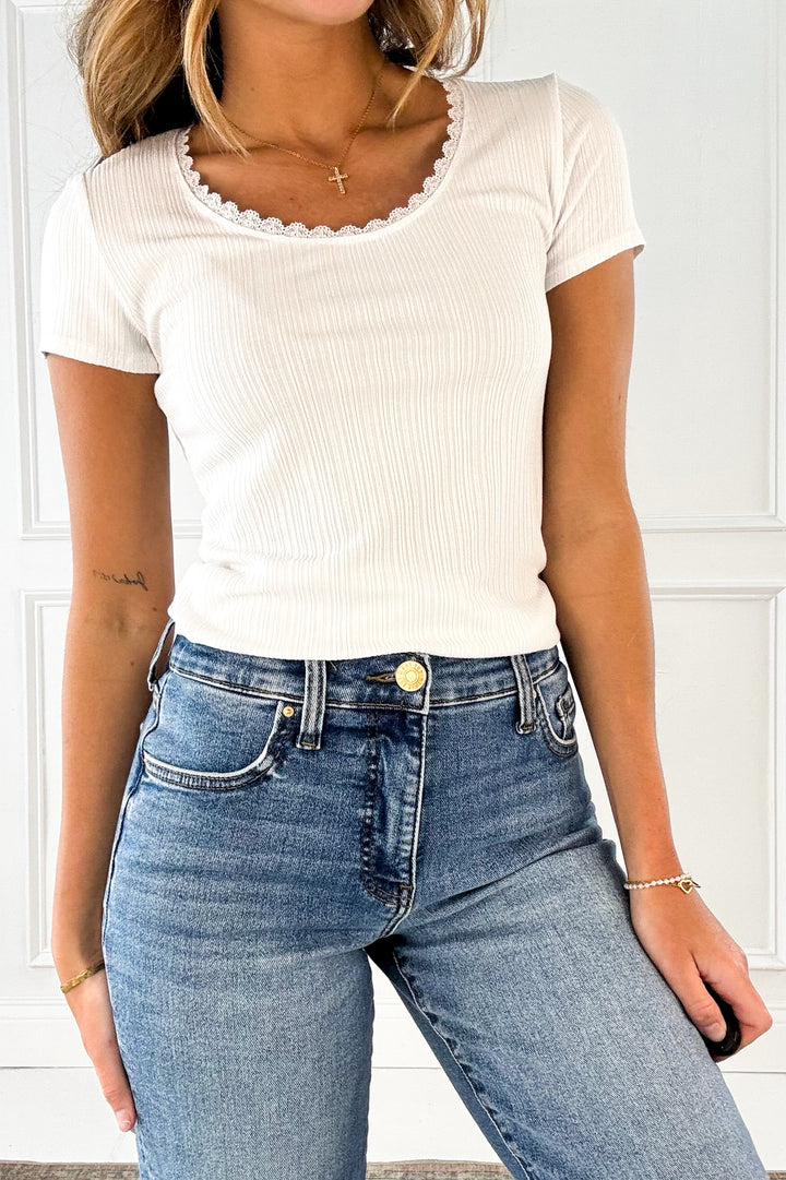 Lace Trimmed Ribbed Scoop Neck Short Sleeve Top