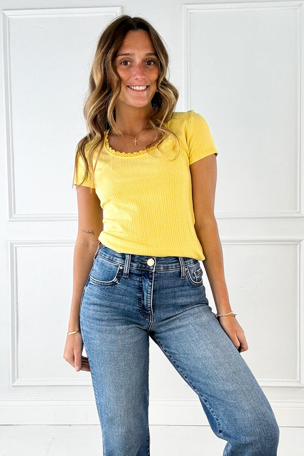 Lace Trimmed Ribbed Scoop Neck Short Sleeve Top