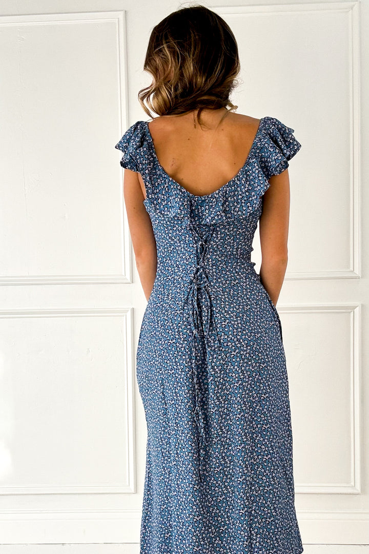 Vintage Ditsy Print Ruffled Midi Dress