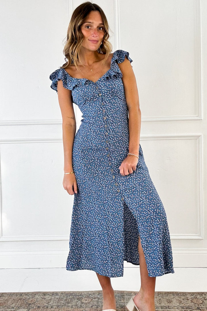Vintage Ditsy Print Ruffled Midi Dress