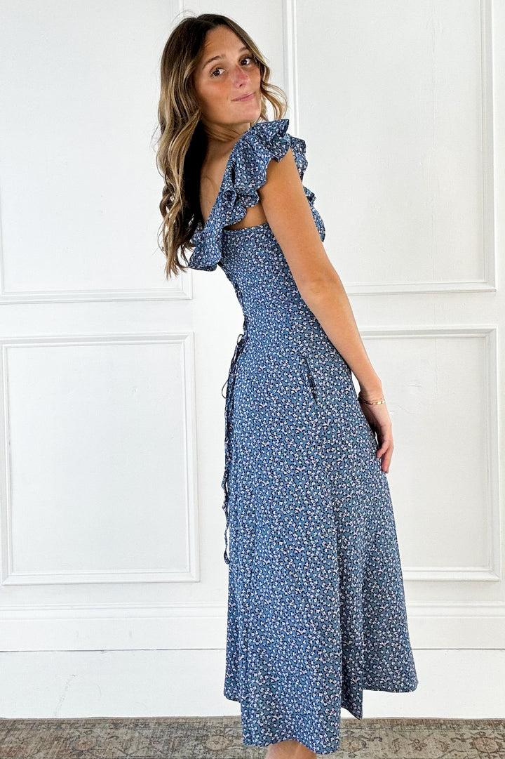 Vintage Ditsy Print Ruffled Midi Dress