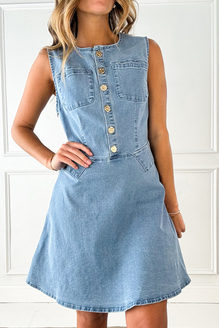 Button Front Sleeveless Stretch Denim Mini Dress