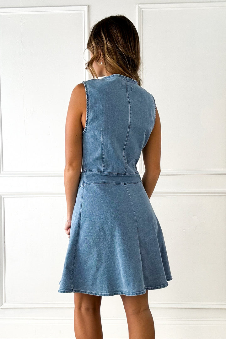 Button Front Sleeveless Stretch Denim Mini Dress