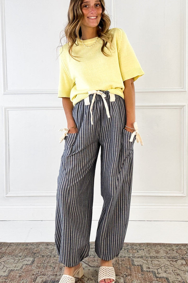 Stripe Textured Woven Pants with Bow Detail