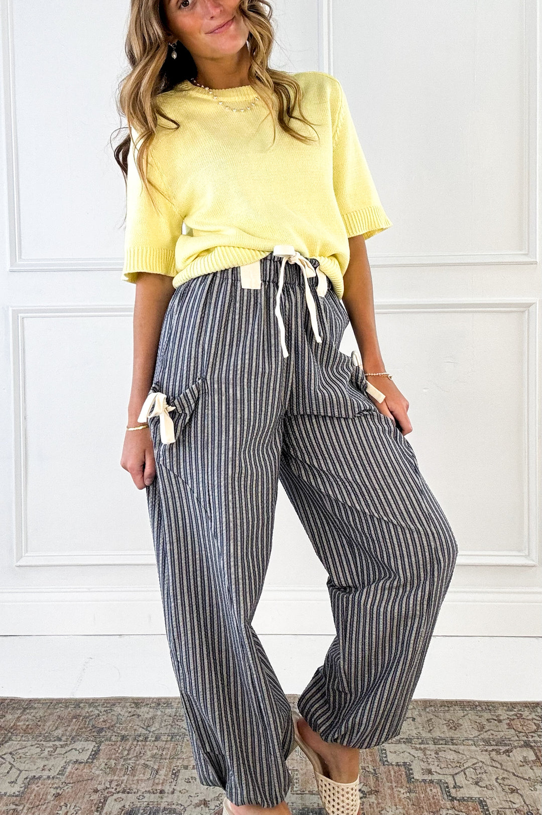 Stripe Textured Woven Pants with Bow Detail