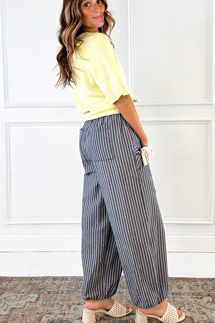 Stripe Textured Woven Pants with Bow Detail