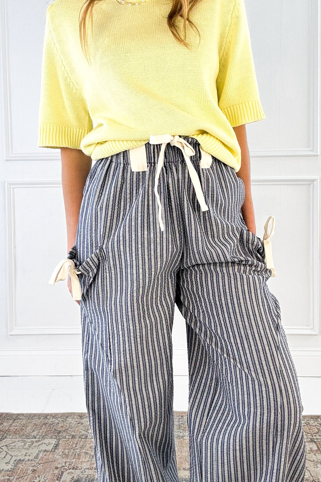 Stripe Textured Woven Pants with Bow Detail