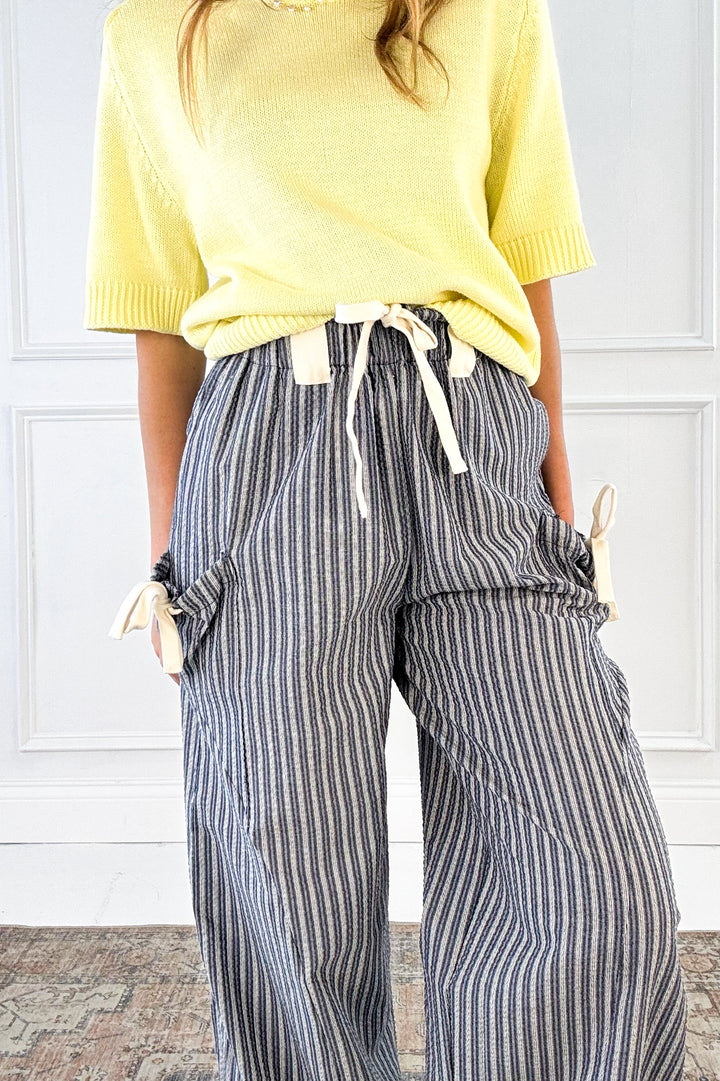 Stripe Textured Woven Pants with Bow Detail