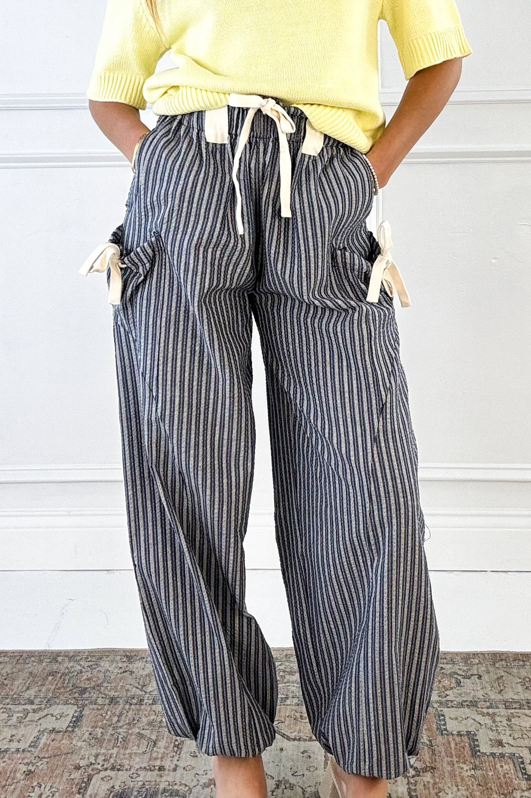 Stripe Textured Woven Pants with Bow Detail