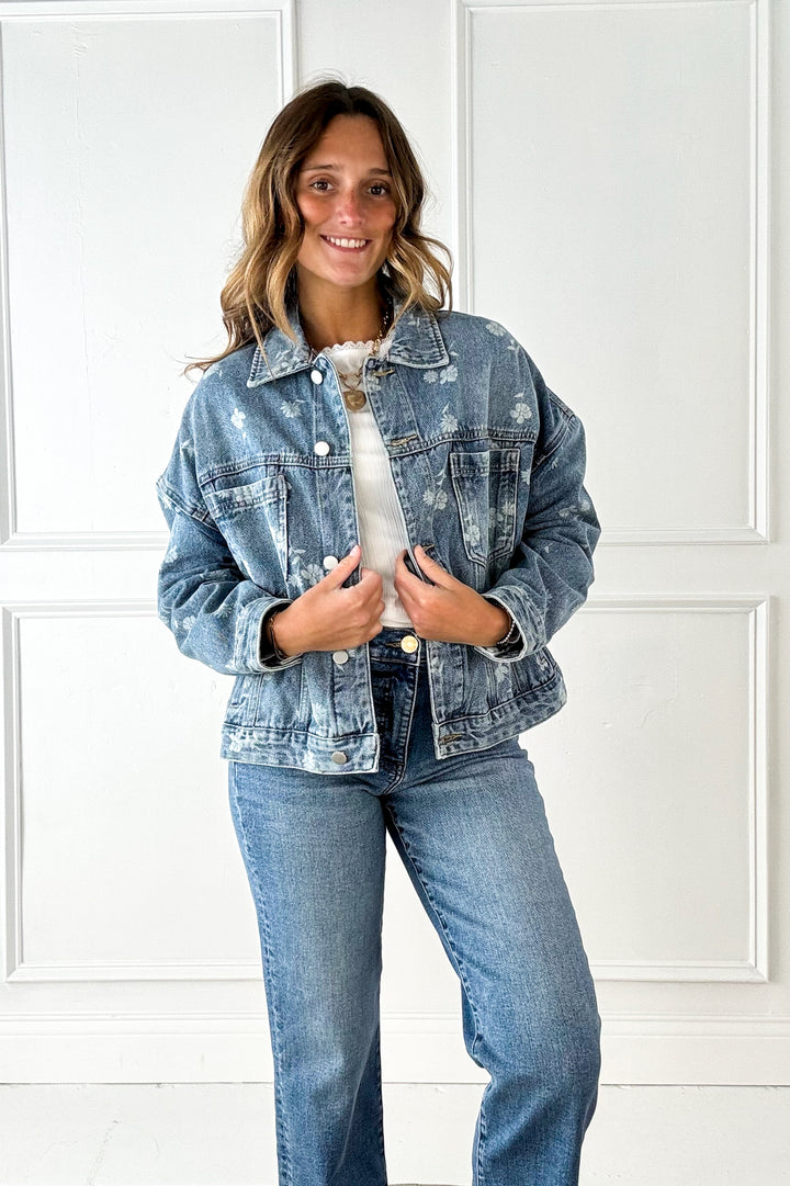 Floral Print Washed Denim Jacket