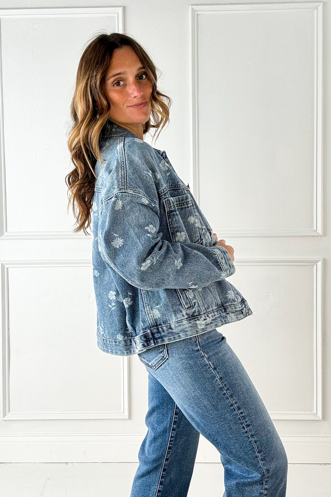 Floral Print Washed Denim Jacket