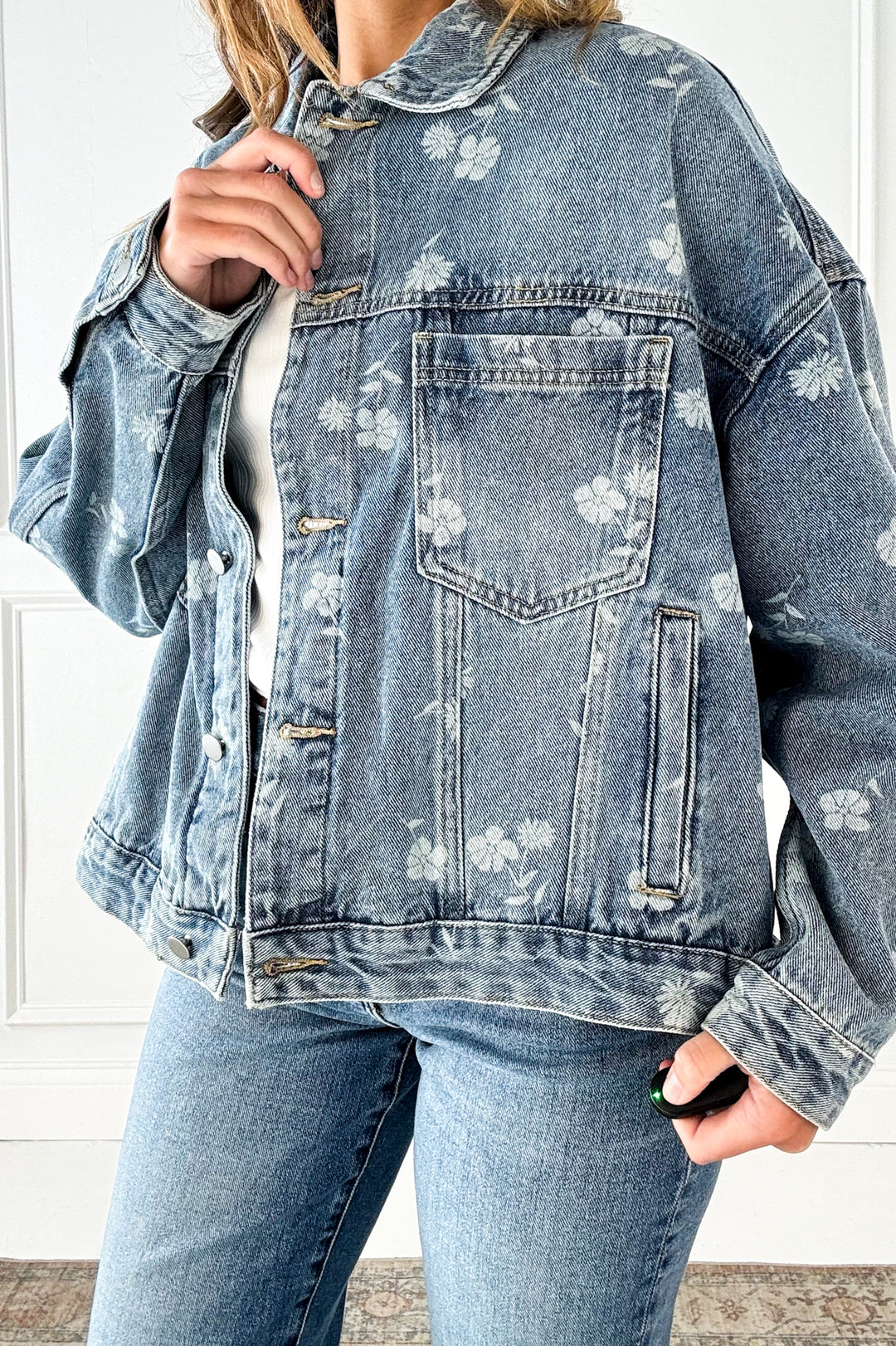 Floral Print Washed Denim Jacket