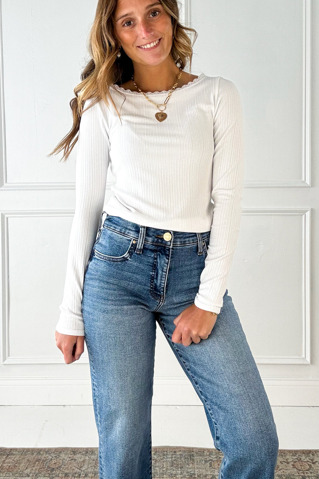 Lace Trimmed Ribbed Boat Neck Long Sleeve Top