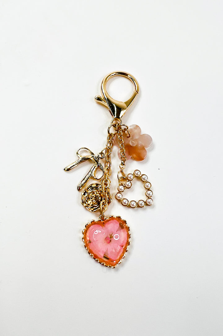Pressed Flower, Bow & Pearl Heart Bag /charm