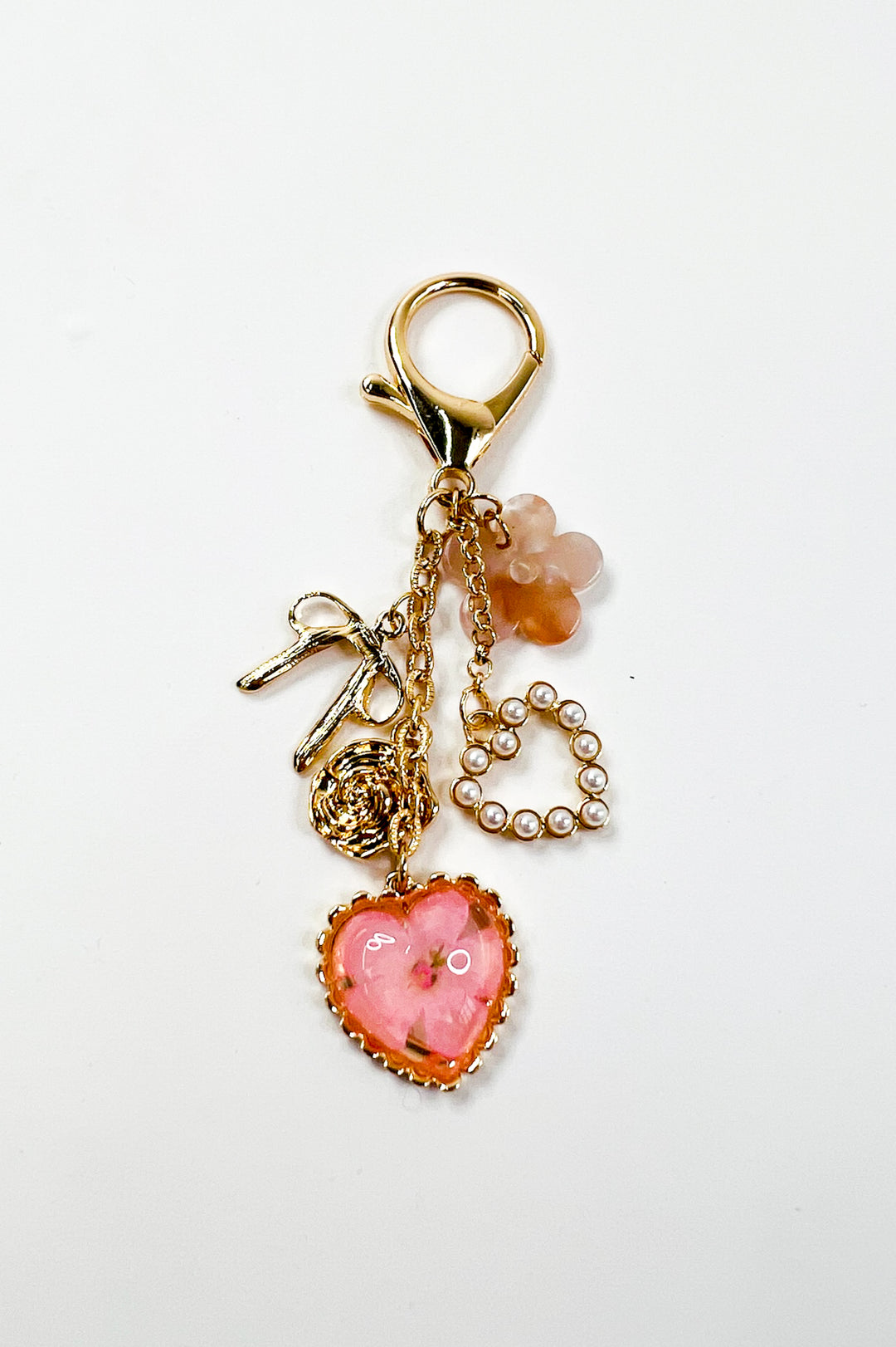 Pressed Flower, Bow & Pearl Heart Bag /charm