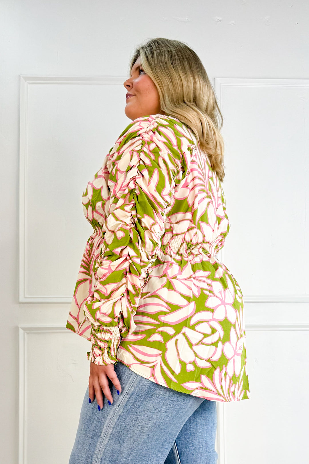 Curvy Floral Print Smocked Top