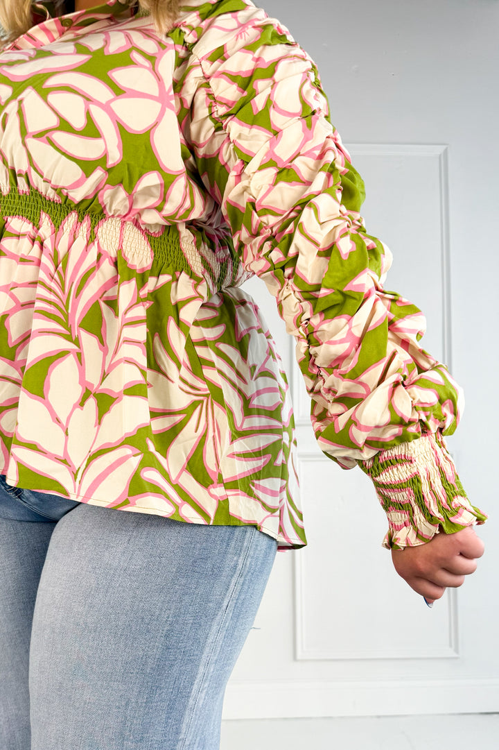 Curvy Floral Print Smocked Top