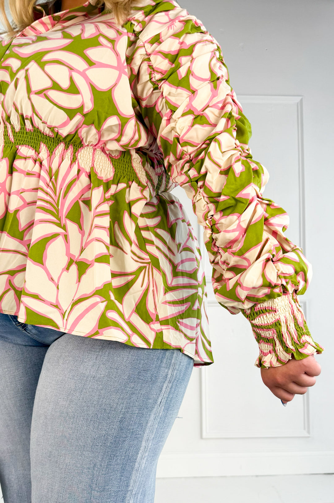 Curvy Floral Print Smocked Top