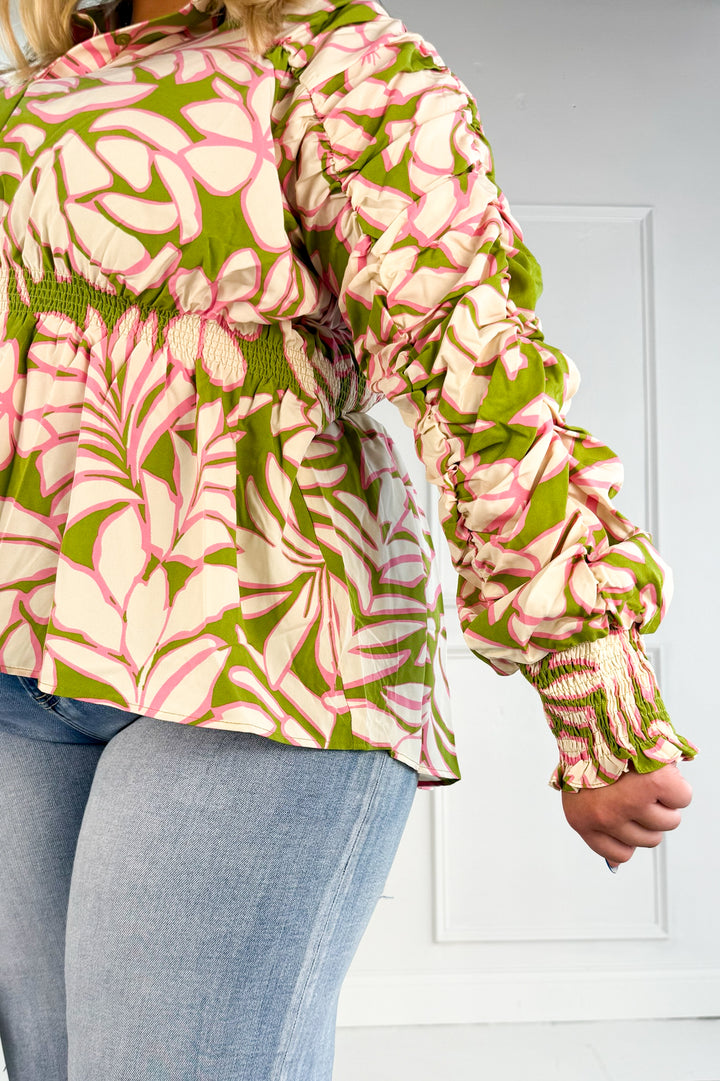 Curvy Floral Print Smocked Top