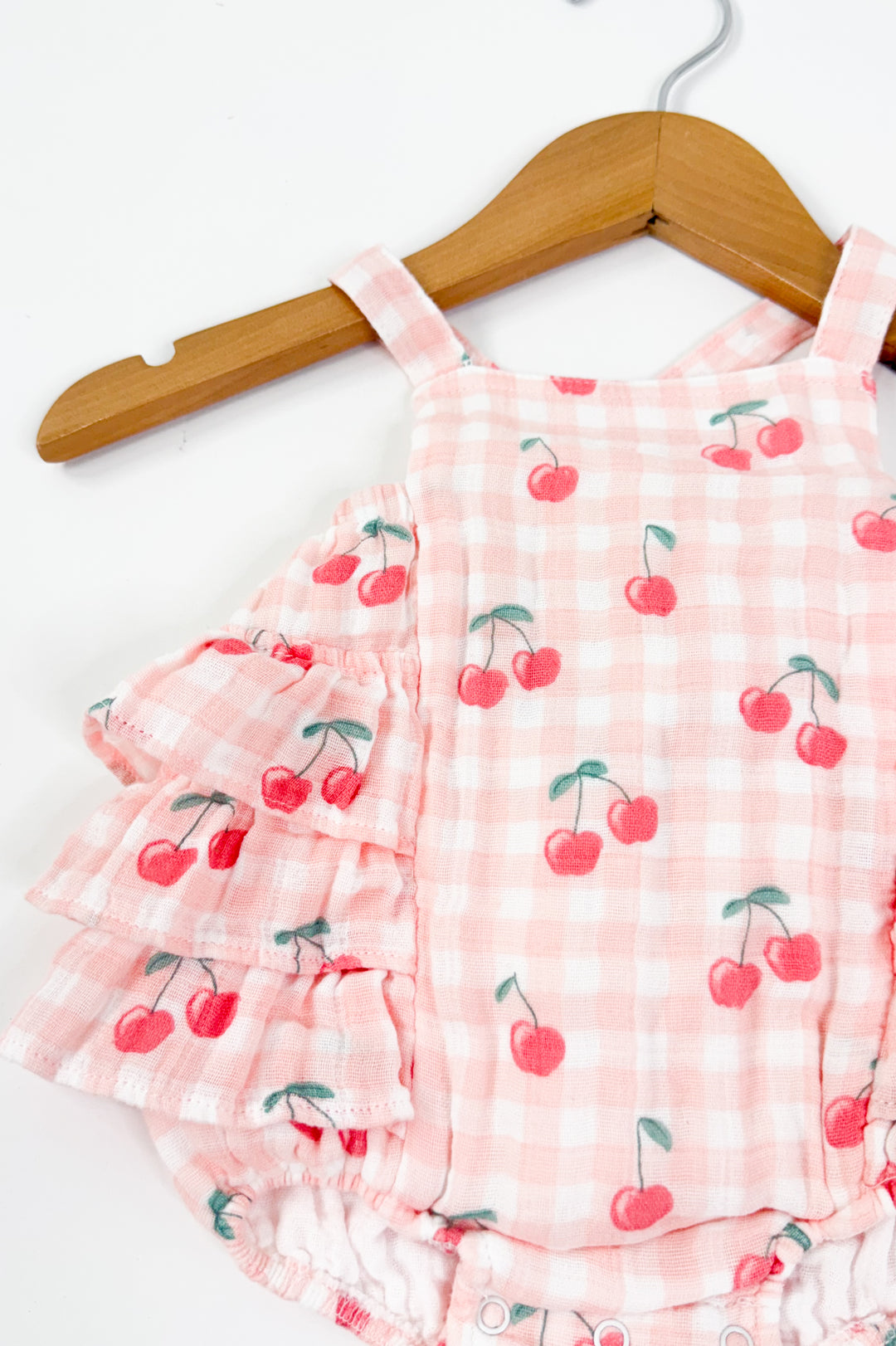 Gingham Cherries Muslin Ruffle Sunsuit