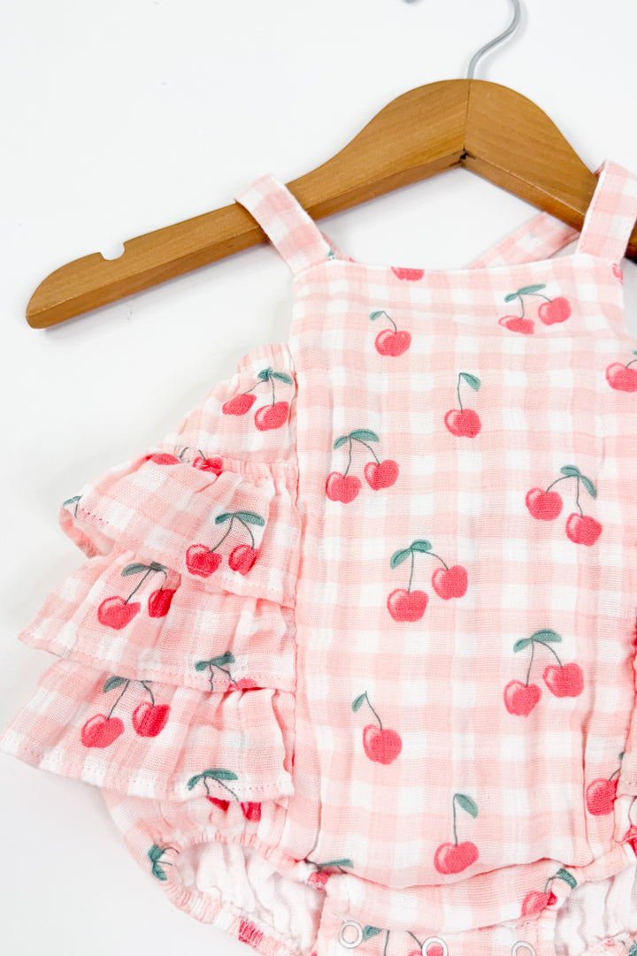 Gingham Cherries Muslin Ruffle Sunsuit