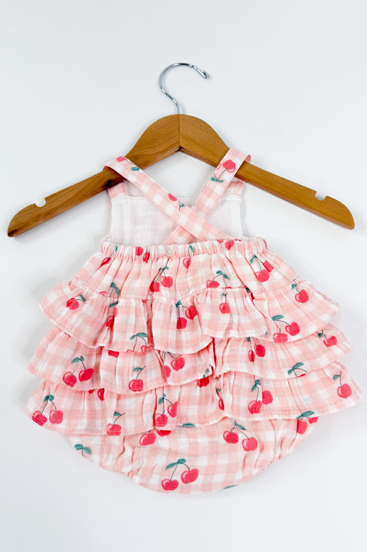 Gingham Cherries Muslin Ruffle Sunsuit