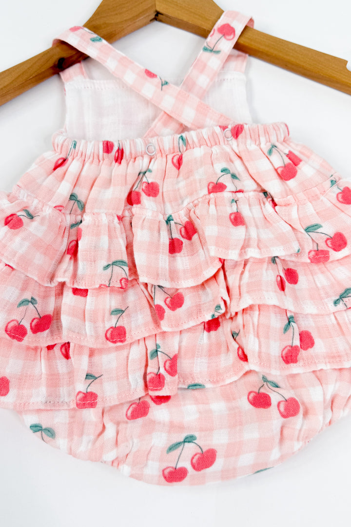 Gingham Cherries Muslin Ruffle Sunsuit