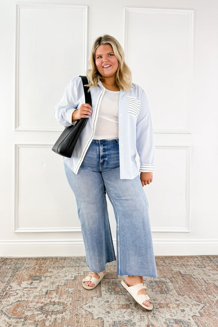 Curvy Relaxed Stripe Button Down Top