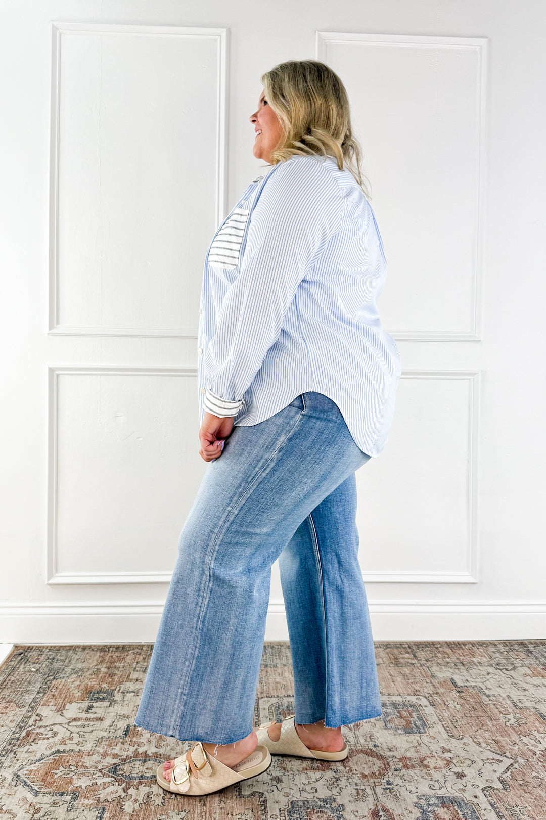 Curvy Relaxed Stripe Button Down Top