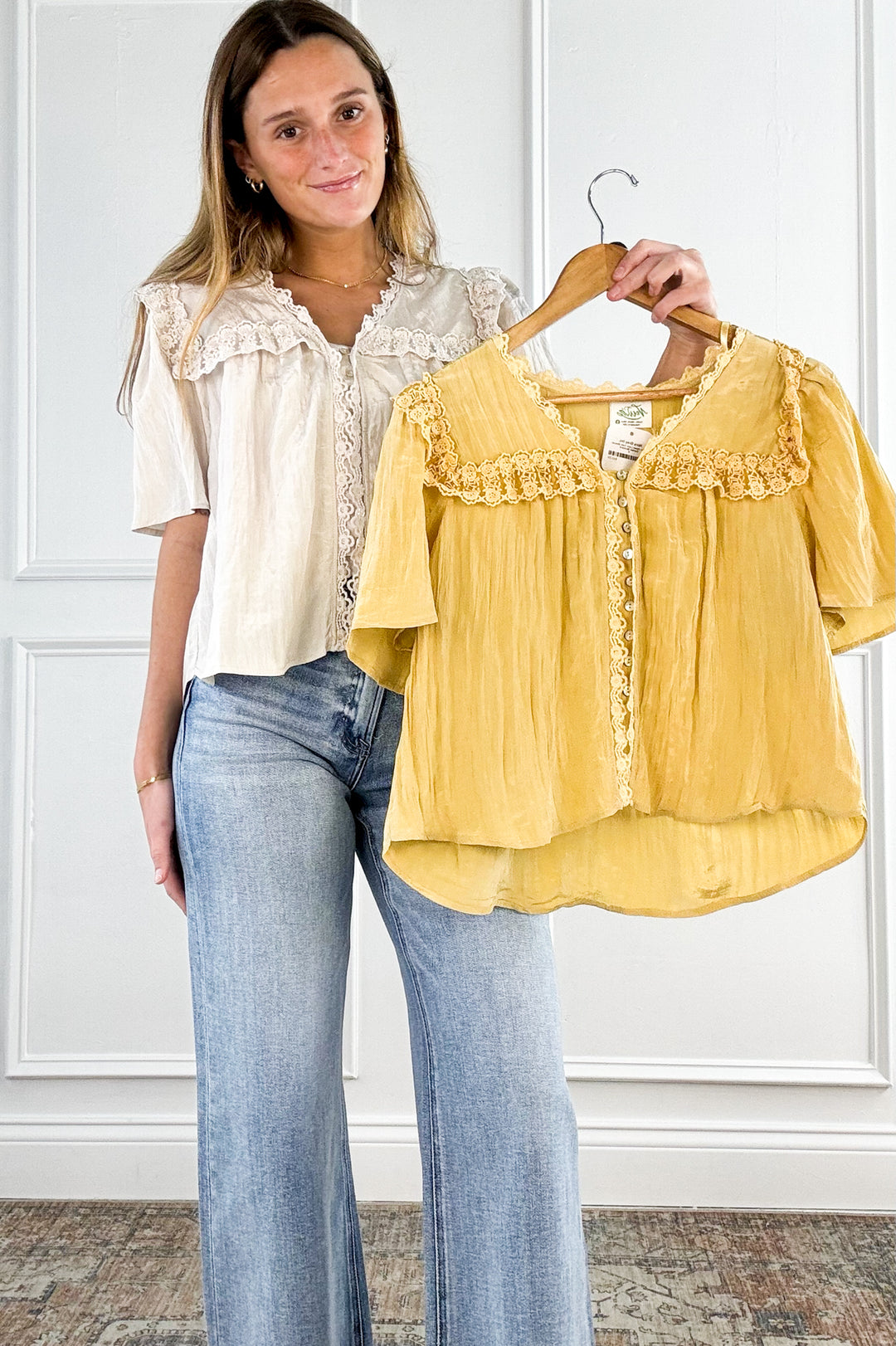Button Down Lace Trim Blouse