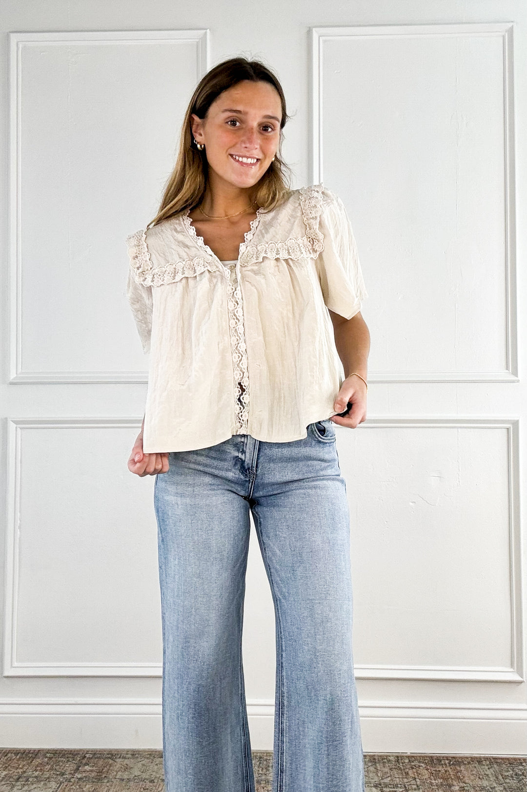 Button Down Lace Trim Blouse