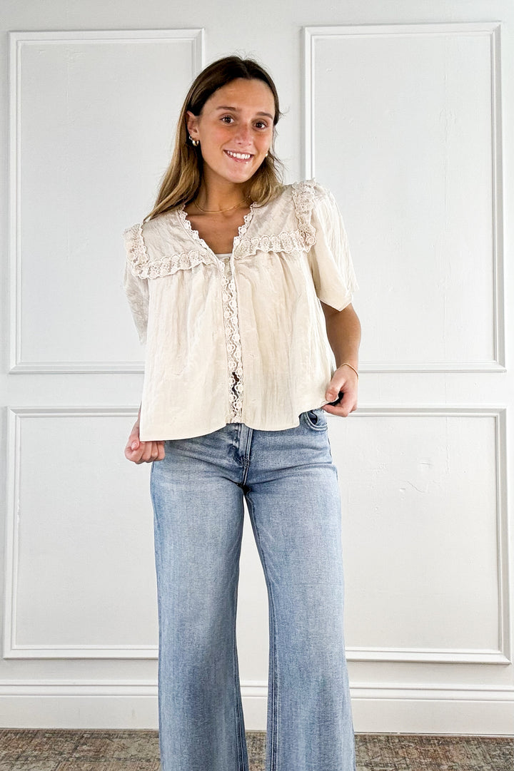 Button Down Lace Trim Blouse