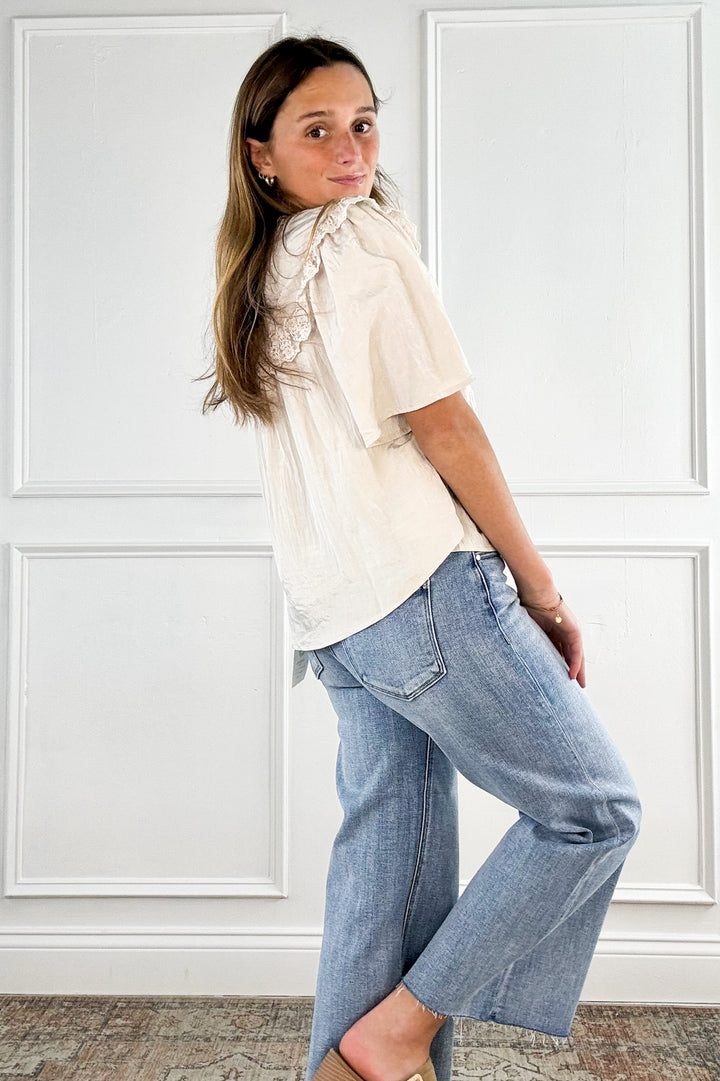 Button Down Lace Trim Blouse