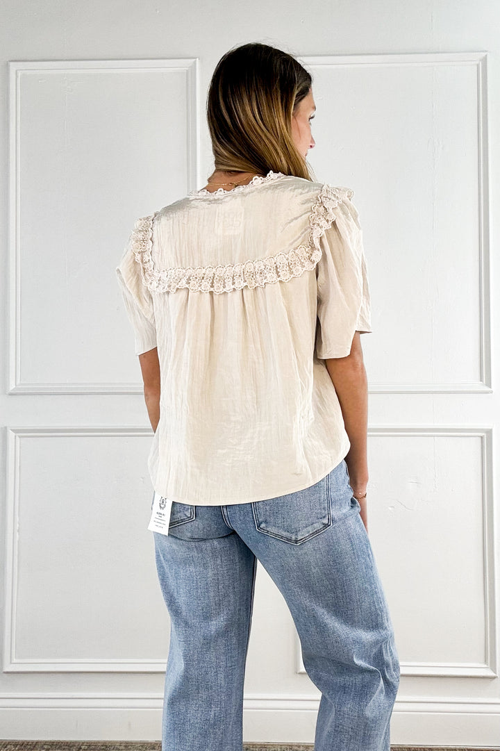 Button Down Lace Trim Blouse