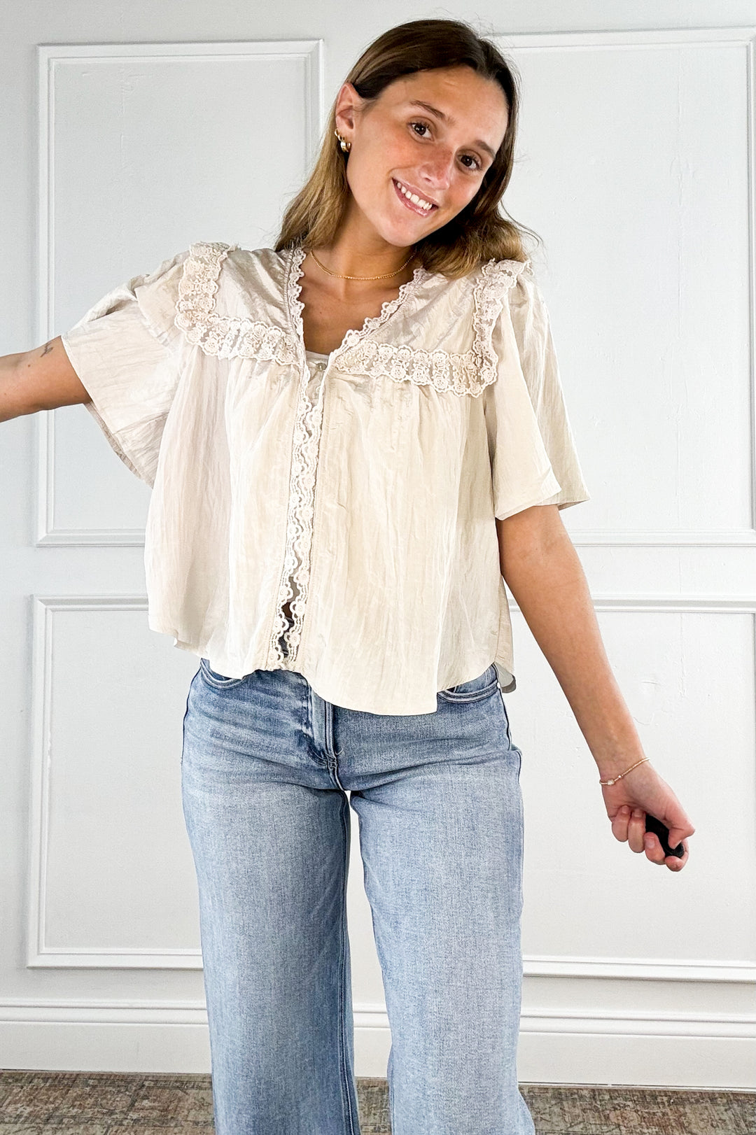 Button Down Lace Trim Blouse