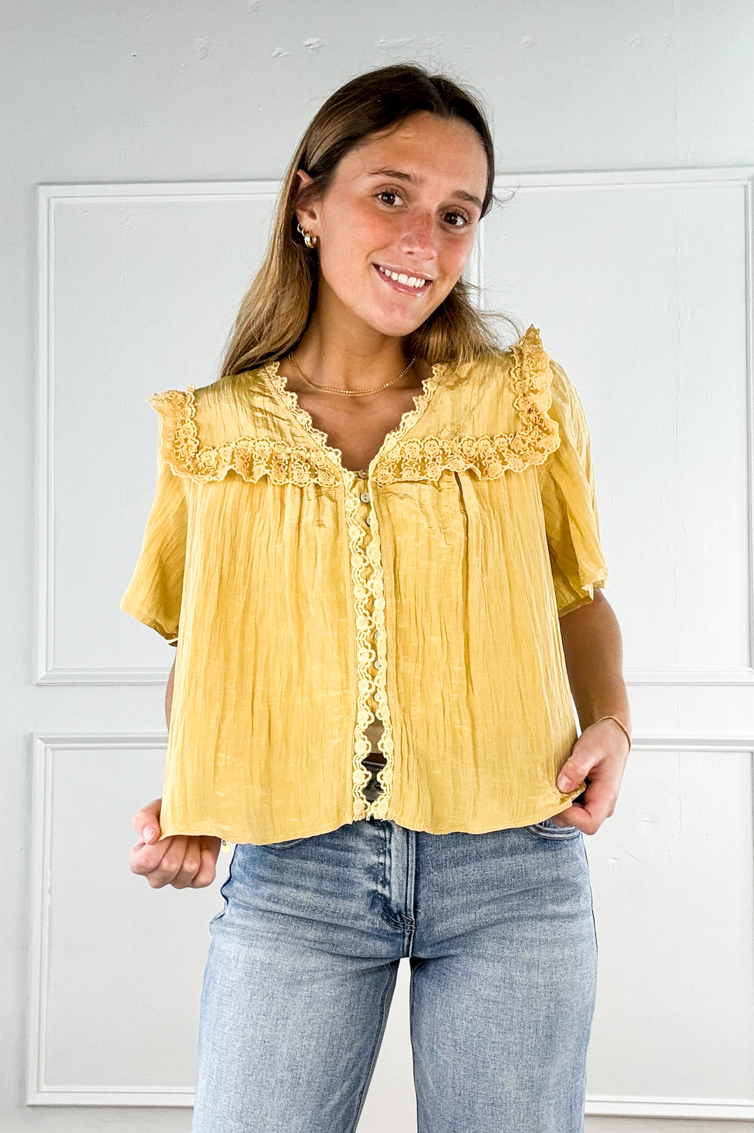 Button Down Lace Trim Blouse