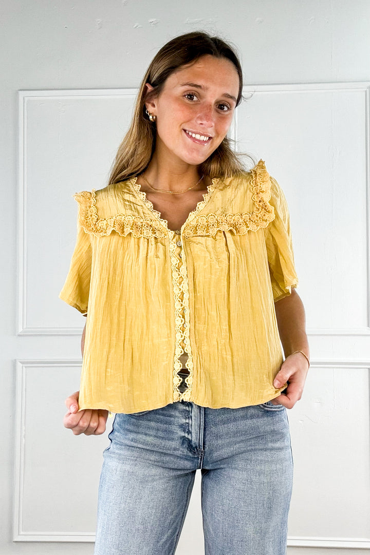 Button Down Lace Trim Blouse