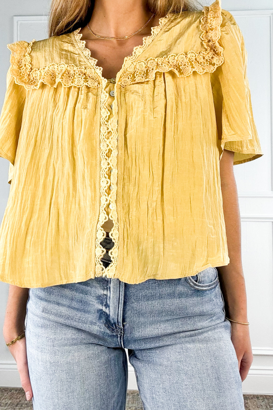 Button Down Lace Trim Blouse