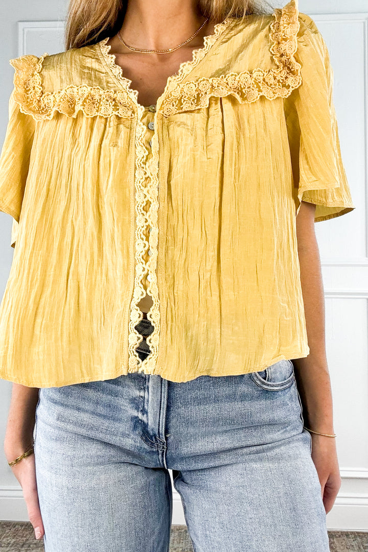 Button Down Lace Trim Blouse