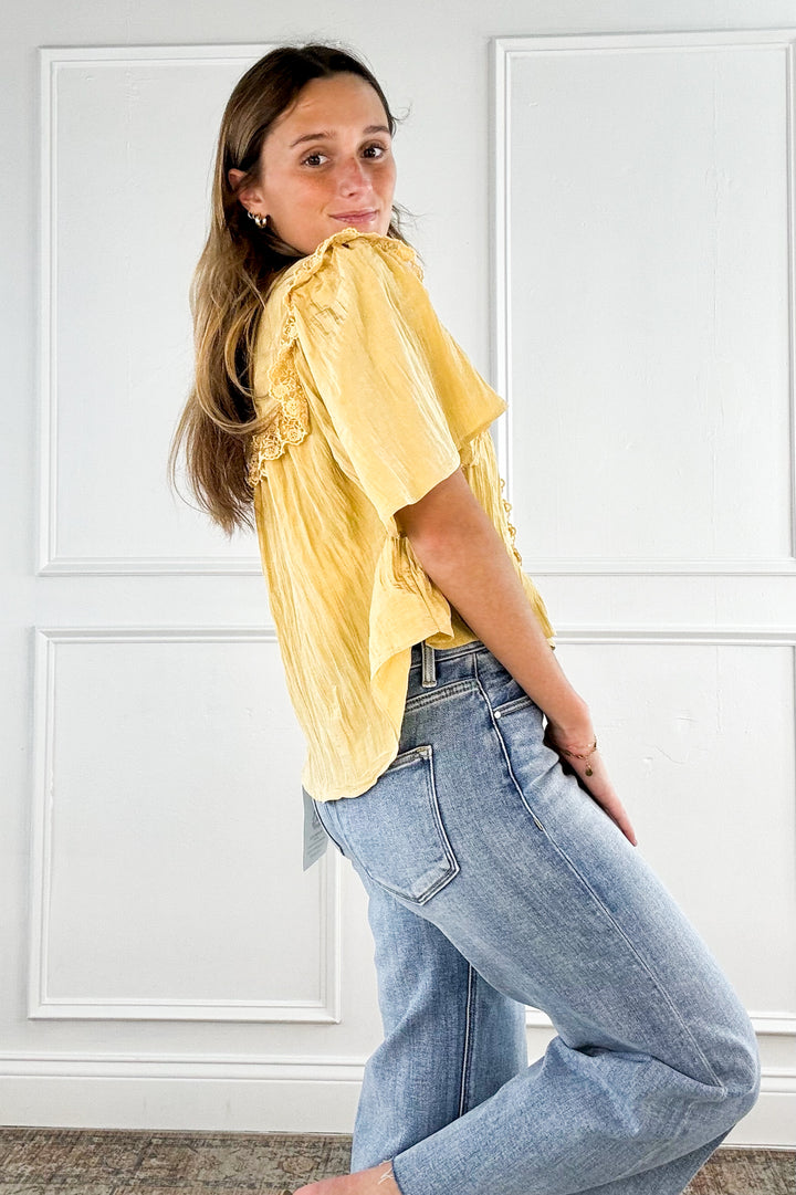 Button Down Lace Trim Blouse