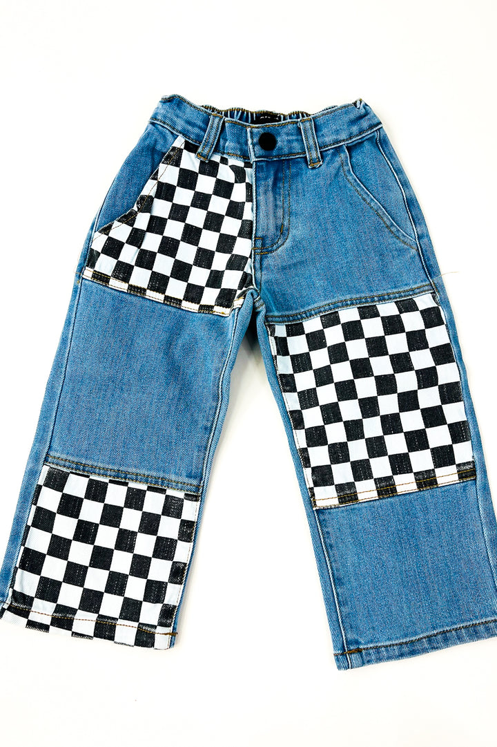 Boys Checkered Patch Baggy Jeans