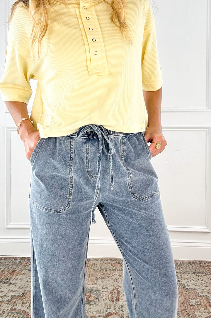 Knit Denim Wide Leg Pull On Pants