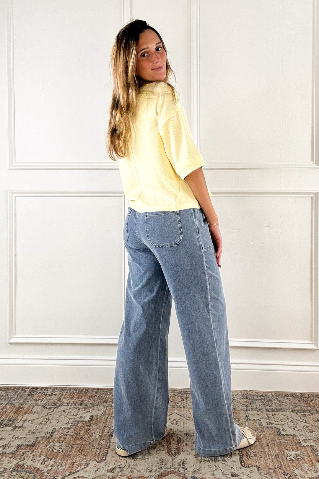 Knit Denim Wide Leg Pull On Pants