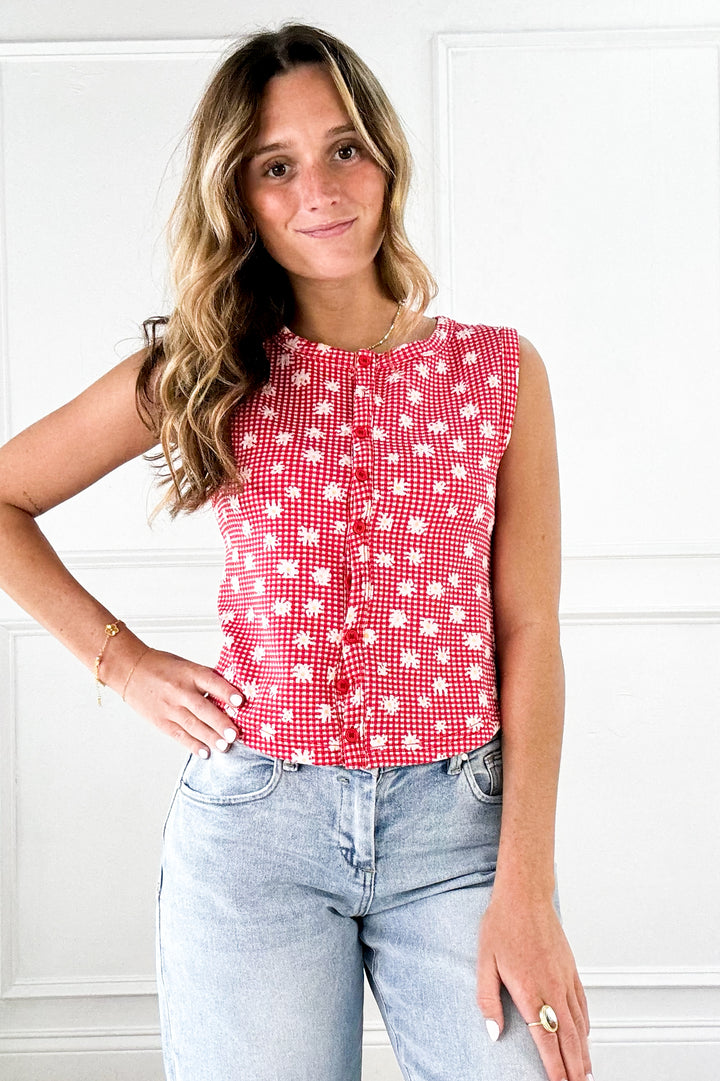 Red Floral Button Vest