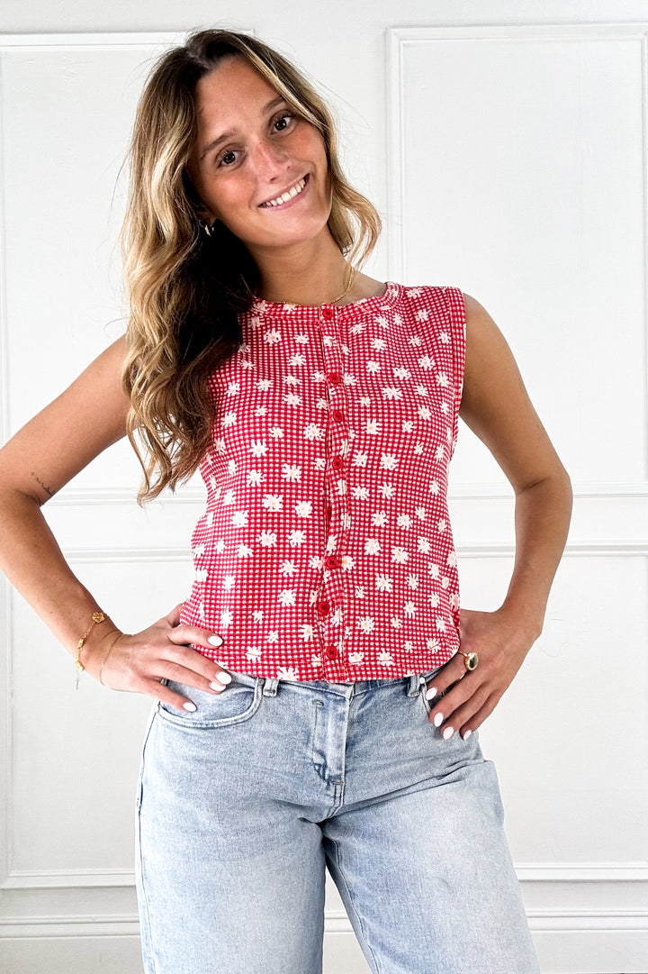 Red Floral Button Vest