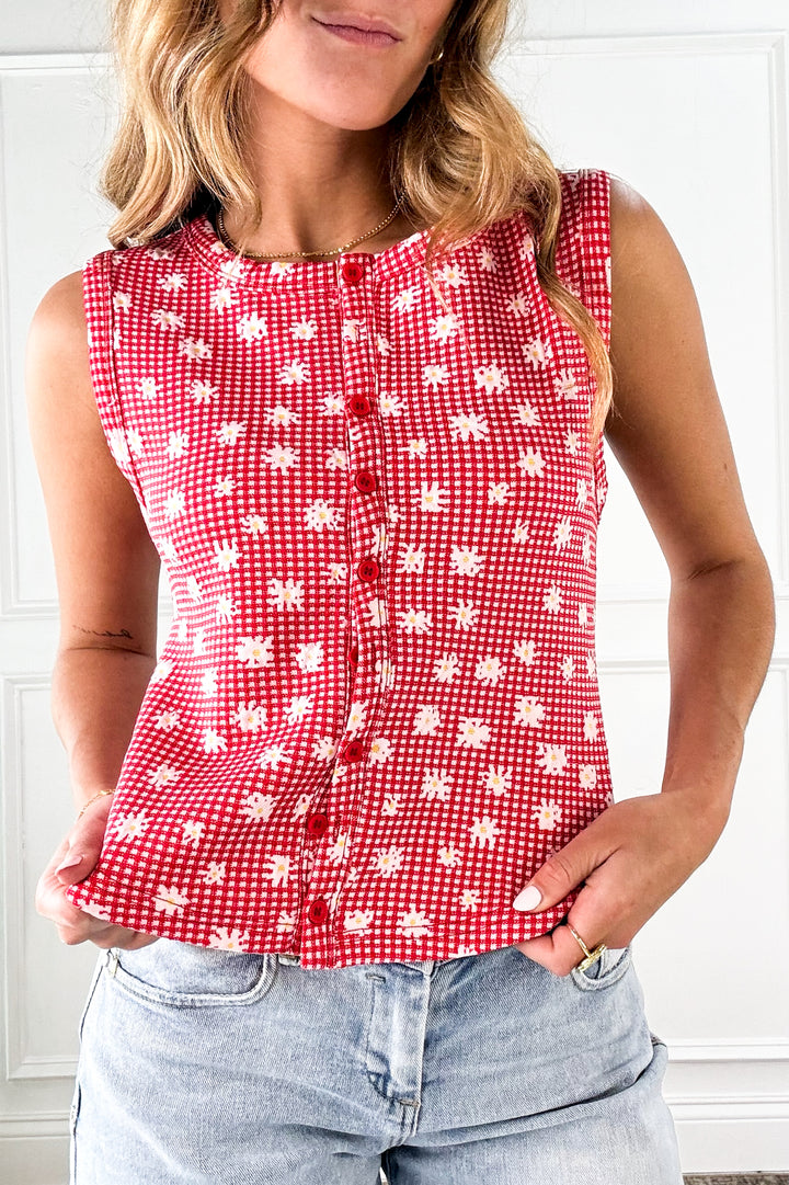 Red Floral Button Vest