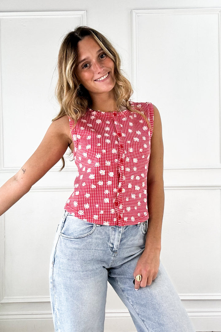 Red Floral Button Vest