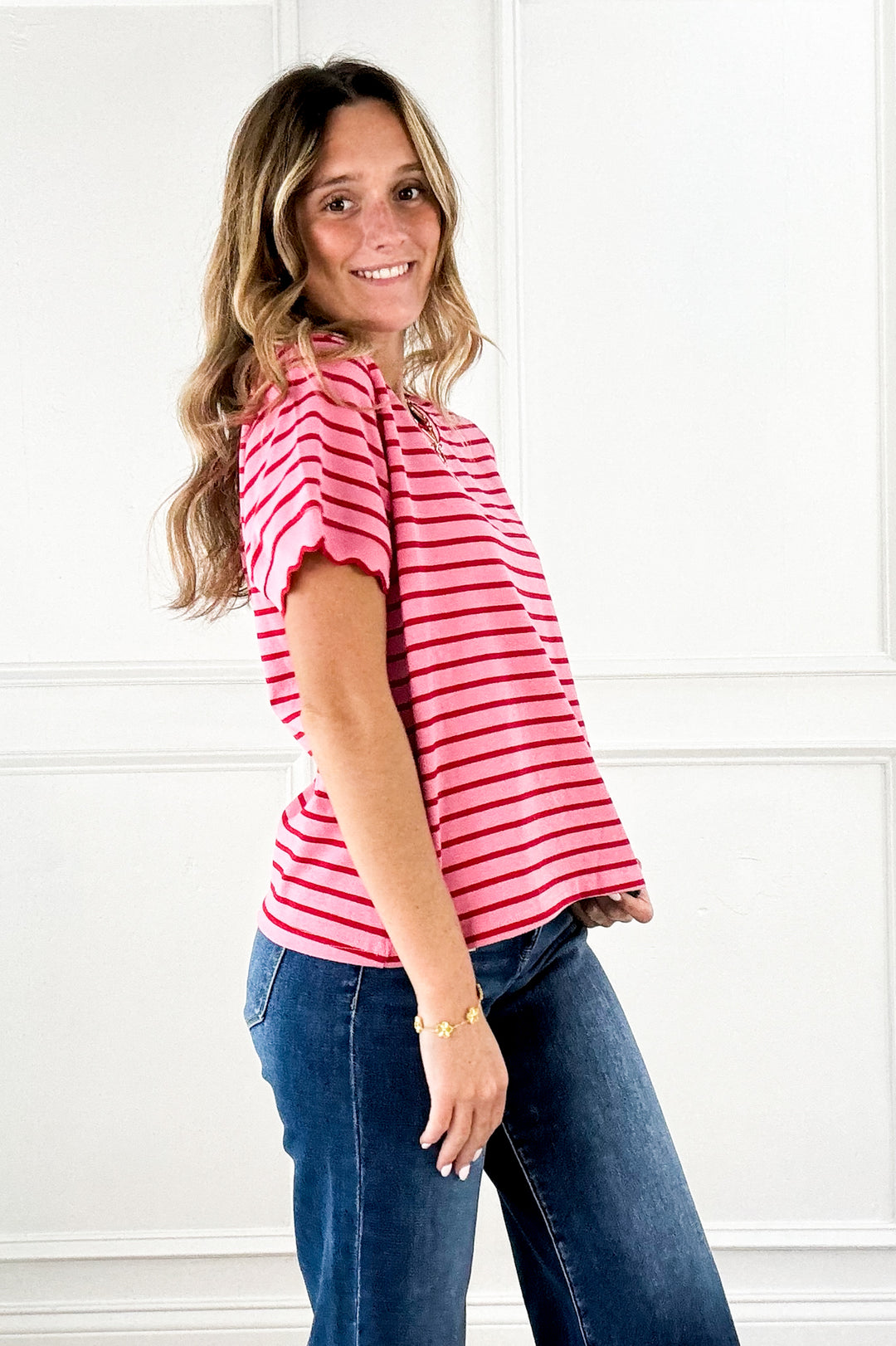 Playful Contrast Stripe Lettuce Edge Tee